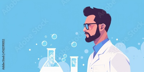 Man in lab coat is looking at two beakers. Concept of scientific curiosity and exploration