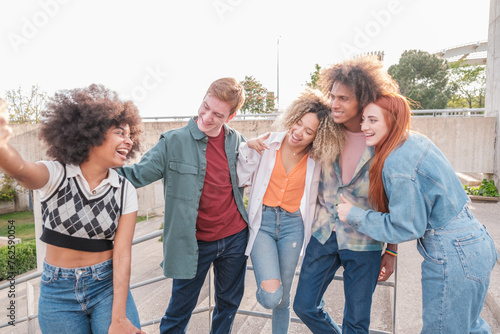 Group of young people taking a selfie in a fun and relaxed atmosphere. Concept: friendship