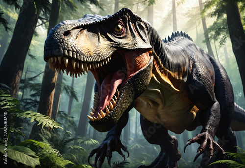 Tyrannosaurus Rex Roaring in the Cretaceous Forest. Generative AI