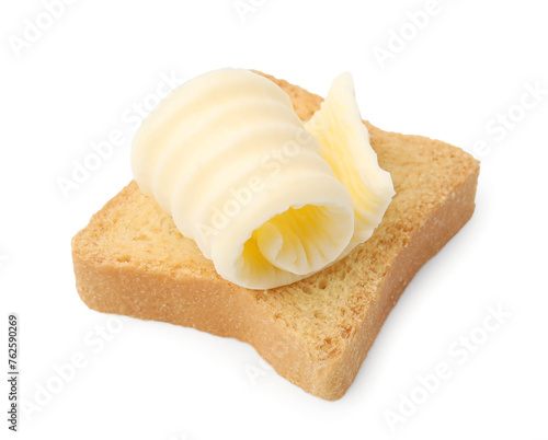 Tasty butter curl and piece of dry bread isolated on white