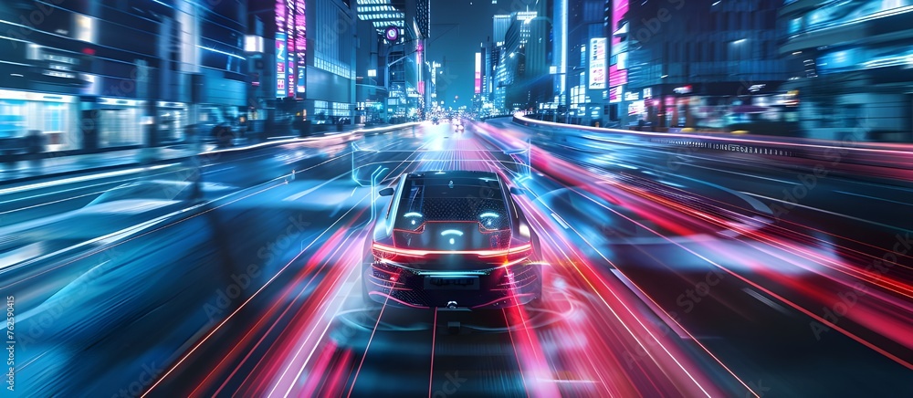 Smart car , Autonomous self-driving mode vehicle on metro city road iot concept with graphic sensor radar signal system Smart car , Autonomous self-driving mode vehicle on metro city road iot concept with graphic sensor radar signal system