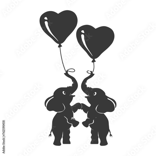 Silhouette Cute baby elephants holding heart shape balloon black color only