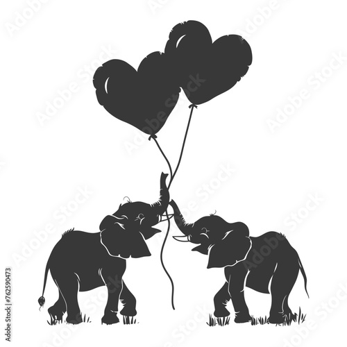 Silhouette Cute baby elephants holding heart shape balloon black color only