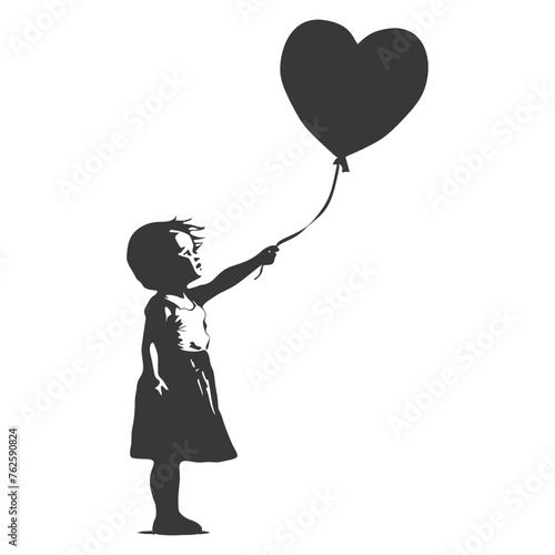 Silhouette Cute baby girl holding heart shape balloon black color only