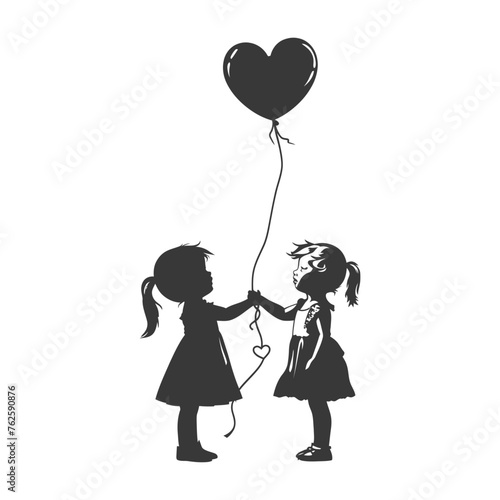 Silhouette Cute baby girls holding heart shape balloon black color only