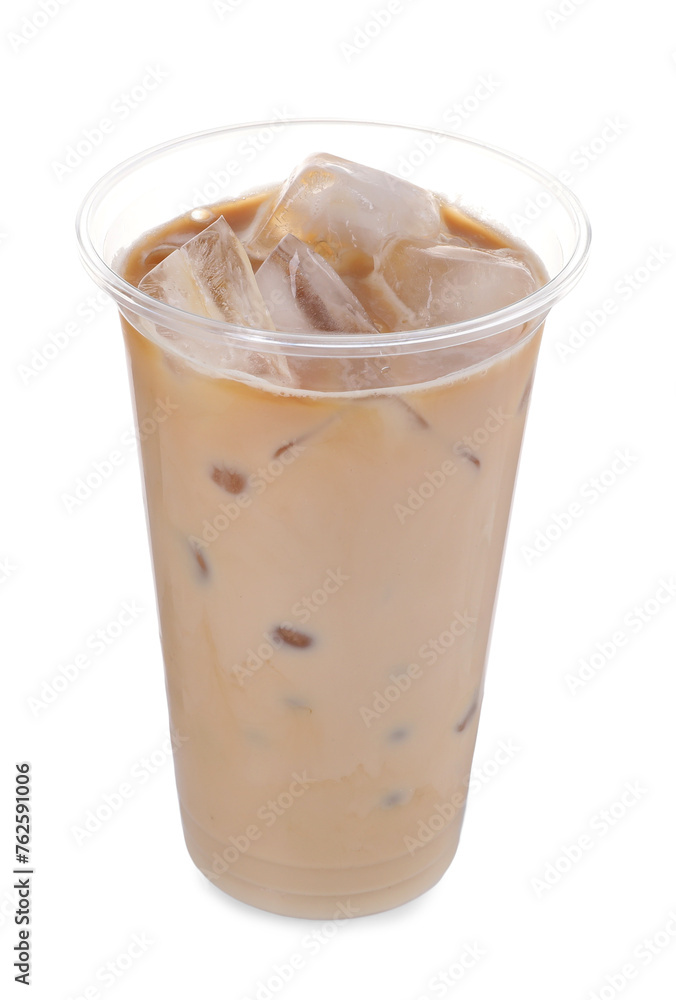 Plastic cup of fresh iced coffee isolated on white Plastic cup of fresh iced coffee isolated on white