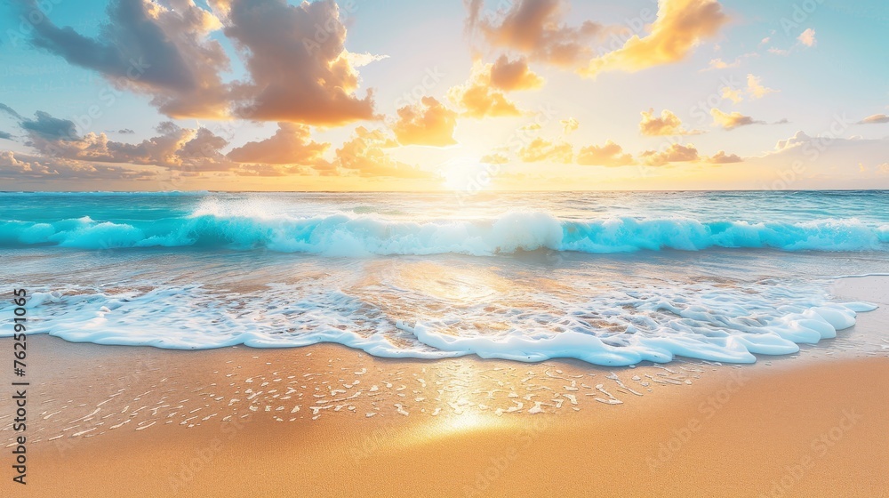 Panoramic seaside sunset, colorful sky, white foam waves on island beach natural scenic view
