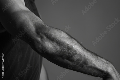 Man's arm with hairy arm and black shirt