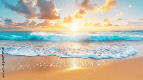 Panoramic seaside sunset  colorful sky  white foam waves on island beach natural scenic view