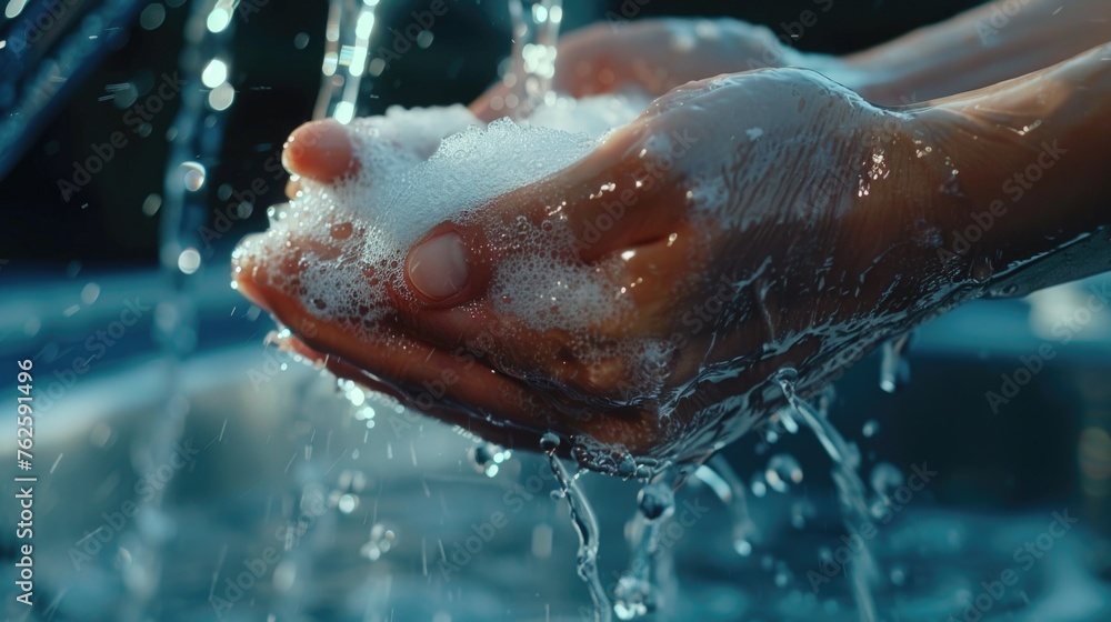 Fototapeta premium Person is washing their hands in sink with water. Water is clear and person's hands are covered in soap