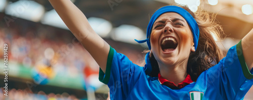 Italian football soccer female fan in a stadium supporting the national team, Squadra Azzurra
 photo