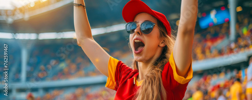Belgian football soccer female fan in a stadium supporting the national team, Rode Duivels, Diables Rouges 
