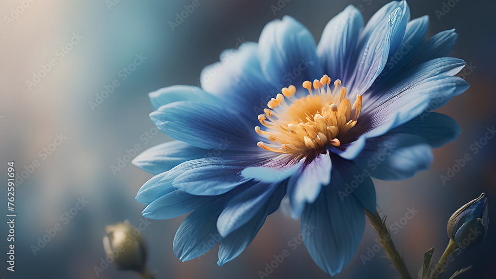 Obraz premium Blue beautiful flower on a beautiful toned blurred background, border. Delicate floral background, selective soft focus.