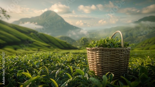 Tea, tea fields, a bamboo basket filled with tea.