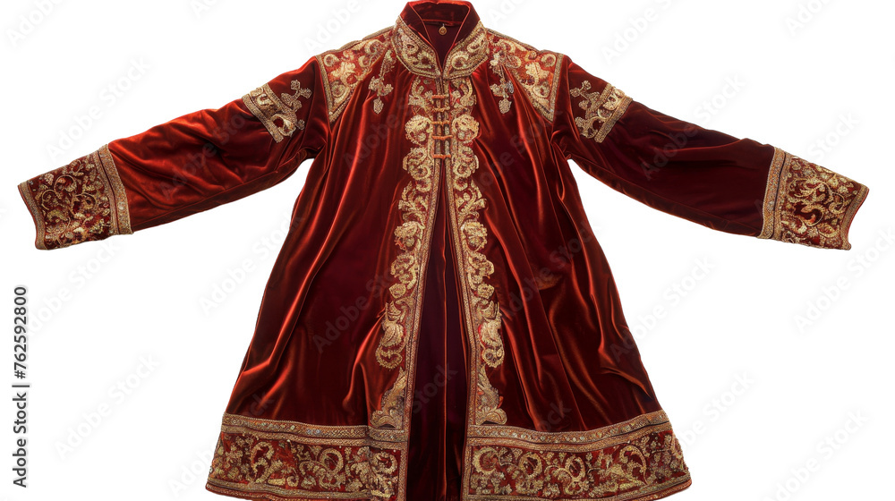 A red velvet robe adorned with intricate golden trimmings, exuding luxury and sophistication
