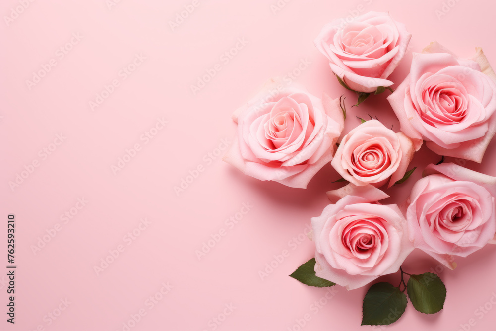 Pink roses arranged in circle on pink background. Roses are main focus of image, and pink background adds sense of warmth and romance to scene