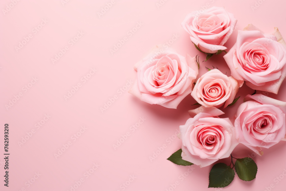 Pink roses arranged in circle on pink background. Roses are main focus of image, and pink background adds sense of warmth and romance to scene Pink roses arranged in circle on pink background. Roses are main focus of image, and pink background adds sense of warmth and romance to scene