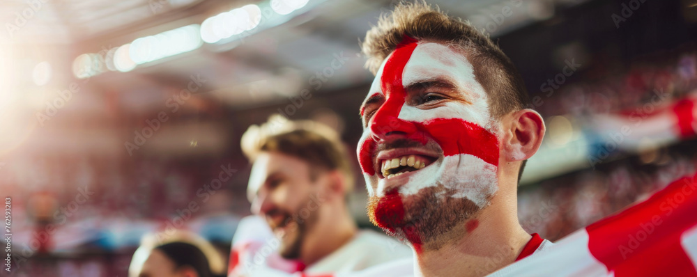 Happy English male supporter with face painted in English flag consists of a white field (background) with a red cross, English male fan at a sports event such as football or rugby match - obrazy, fototapety, plakaty 