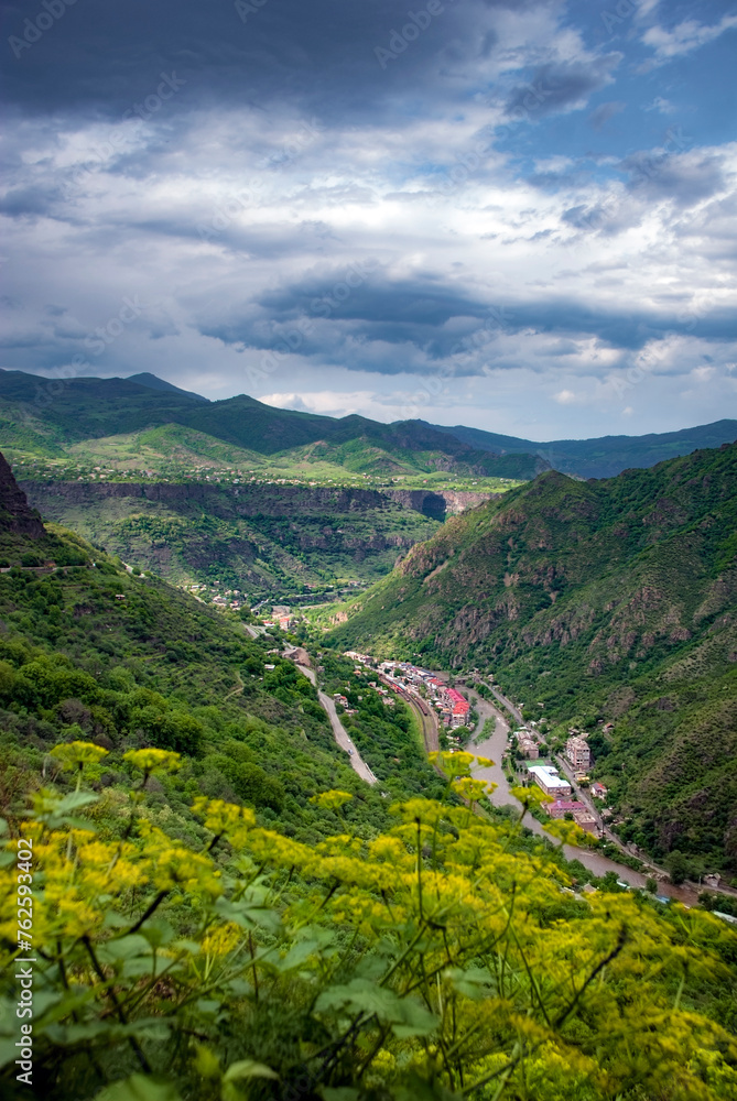 Town of Alaverdi in Lori Province of Armenia, located on hillsides of Debed River canyon. Beautiful spring mountain landscape.