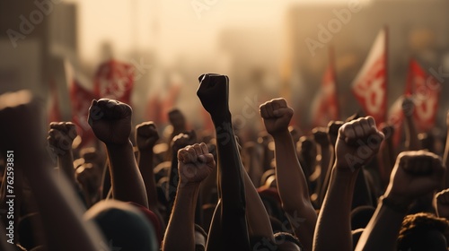 An impactful scene portraying a powerful rally with clenched fists and banners, highlighting the spirit of resistance and unity in the face of societal challenges © sardar