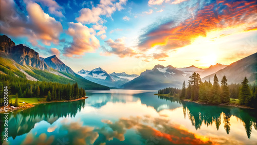 Majestic mountain landscape with mirror-like lake at sunrise, ideal for travel andnature designs, backgrounds, covers, wallpapers.