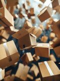 Bunch of cardboard boxes are flying through air. Boxes are all different sizes and shapes, and they are scattered all over image. Scene gives off feeling of chaos