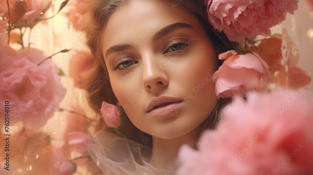 Woman is surrounded by pink flowers and is wearing white dress. She has beautiful smile and is looking directly at camera. Concept of romance and beauty