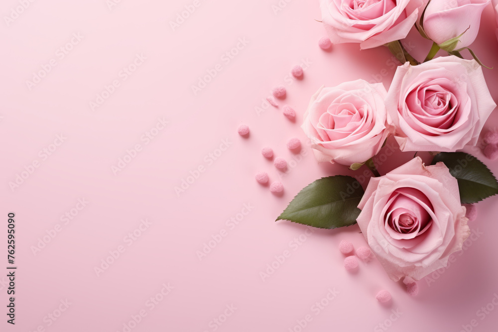 Pink roses are arranged in row on pink background. Roses are surrounded by small pink candies, creating sweet and romantic atmosphere Pink roses are arranged in row on pink background. Roses are surrounded by small pink candies, creating sweet and romantic atmosphere