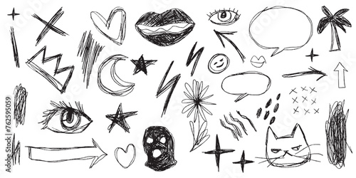 Chalk scribble doodle elements set for poster, social media. Crayon handwritten doodles. Rough hand drawn marker sketch with brush grunge texture. Vector illustration of kids or teens pencil drawing.