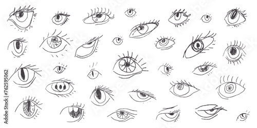 Chalk handwritten scribble doodle eyes set for poster, placard or social media design. Rough crayon hand drawn marker sketch with grunge texture. Vector illustration of kids or teens pencil drawing.