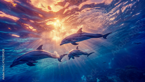 A pod of bottlenose dolphins playfully leaps through a turquoise ocean. Ideal for travel posters, website headers, and ocean conservation campaigns.