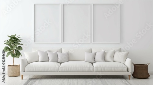 High quality wall art frame mockup. Modern white style. Home living room interior design.3d rendering  © woojooo