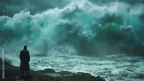 Man looking at stormy ocean wave