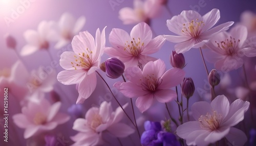 Picture a close-up shot of blooming flowers, bathed in the gentlest shades of pink and purple, their delicate petals displaying an intricate dance of colors. © Zulfi_Art