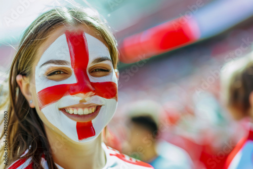 Happy English woman supporter with face painted in English flag consists of a white field with a red cross, English fan at a sports event such as football or rugby match