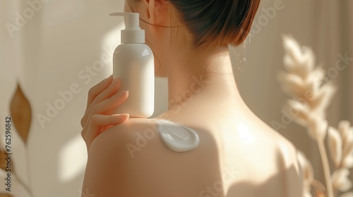 Body care theme of woman, holding empty cream and lotion bottles on her shoulder. Focus on the girls' backs, emphasize the skin texture, maintain the softness of women.