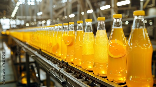 Fruit juice beverage production line at drink factory on conveyor belt for efficient manufacturing