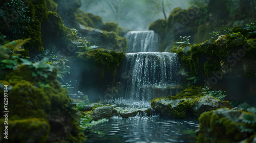 Beautiful waterfall in the forest with green moss and water drops