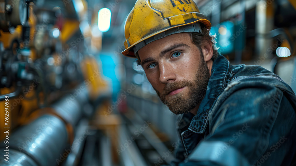Portrait of a young Caucasian male worker in a safety helmet and jacket standing in a factory.