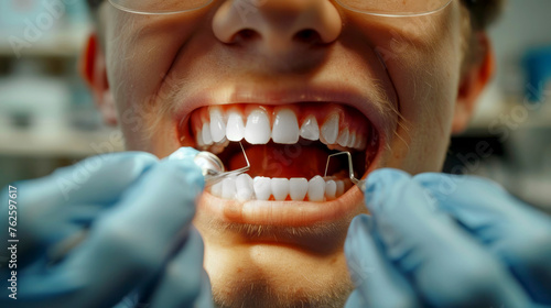 Close-up of a male patient at the dental office. Dentistry concept.