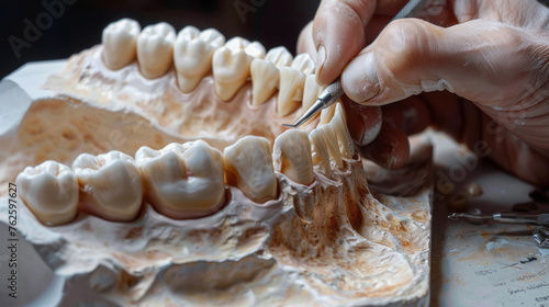 Removable partial denture of the upper jaw. Dental technician works with a dental model.