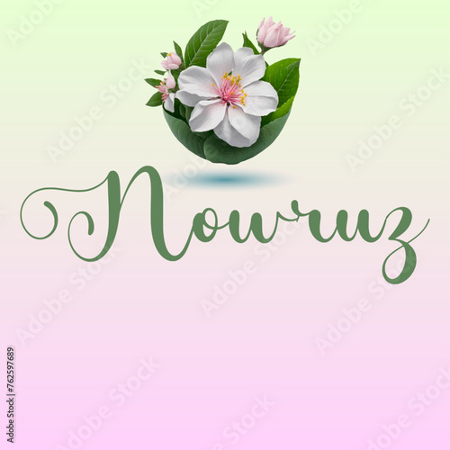 Navruz holiday, Beautiful inscription Navruz, Tulip flowers, calligraphic text, March, holiday card, background, gradient, soft colors photo