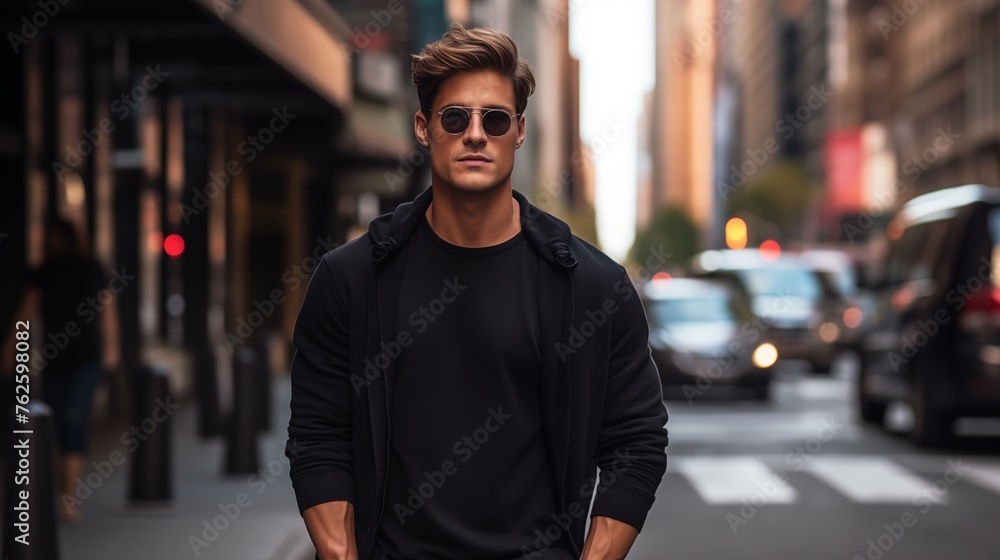 Fototapeta premium A modern and trendy male model wearing a black cotton t-shirt, seamlessly blending into the cosmopolitan setting of a city street, 