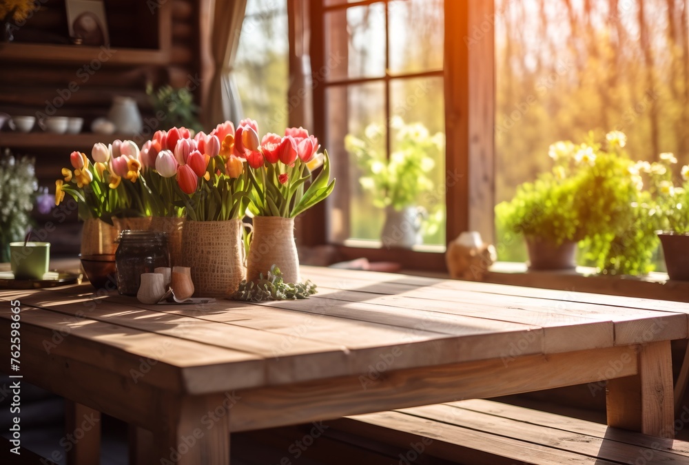 Dining room with flowers, summer or spring interior.