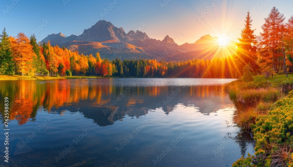 Vibrant high tatra lake in early autumn, majestic mountains and sunlit forest idyllic nature hiking Vibrant high tatra lake in early autumn, majestic mountains and sunlit forest idyllic nature hiking