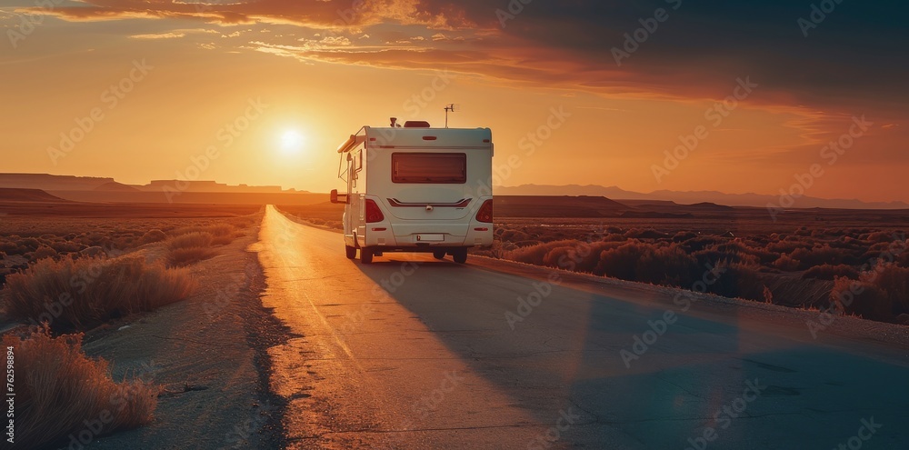 Motorhome travel road at sunset Motorhome travel road at sunset