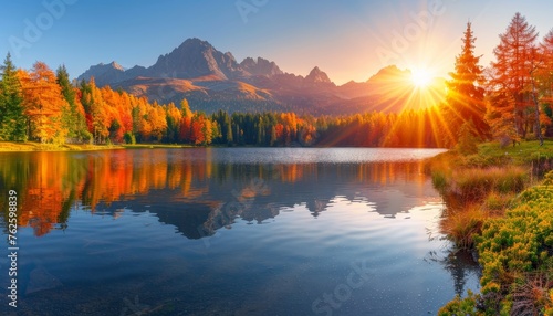 Vibrant high tatra lake in early autumn, majestic mountains and sunlit forest idyllic nature hiking