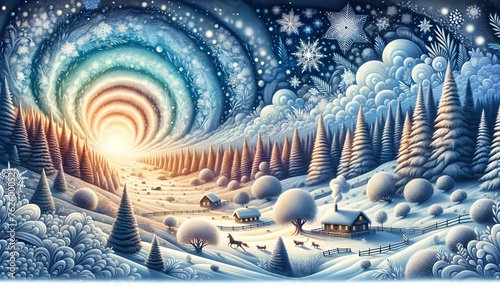 Illustration de Noël montrant des arbres enneigés sous un ciel d'hiver imaginaire, évoquant l'esprit des vacances.