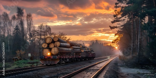The Significance of Global Trade: A Freight Train Transporting Timber Logs. Concept Economic Development, Global Supply Chain, Environmental Impact, Timber Industry, Freight Transport