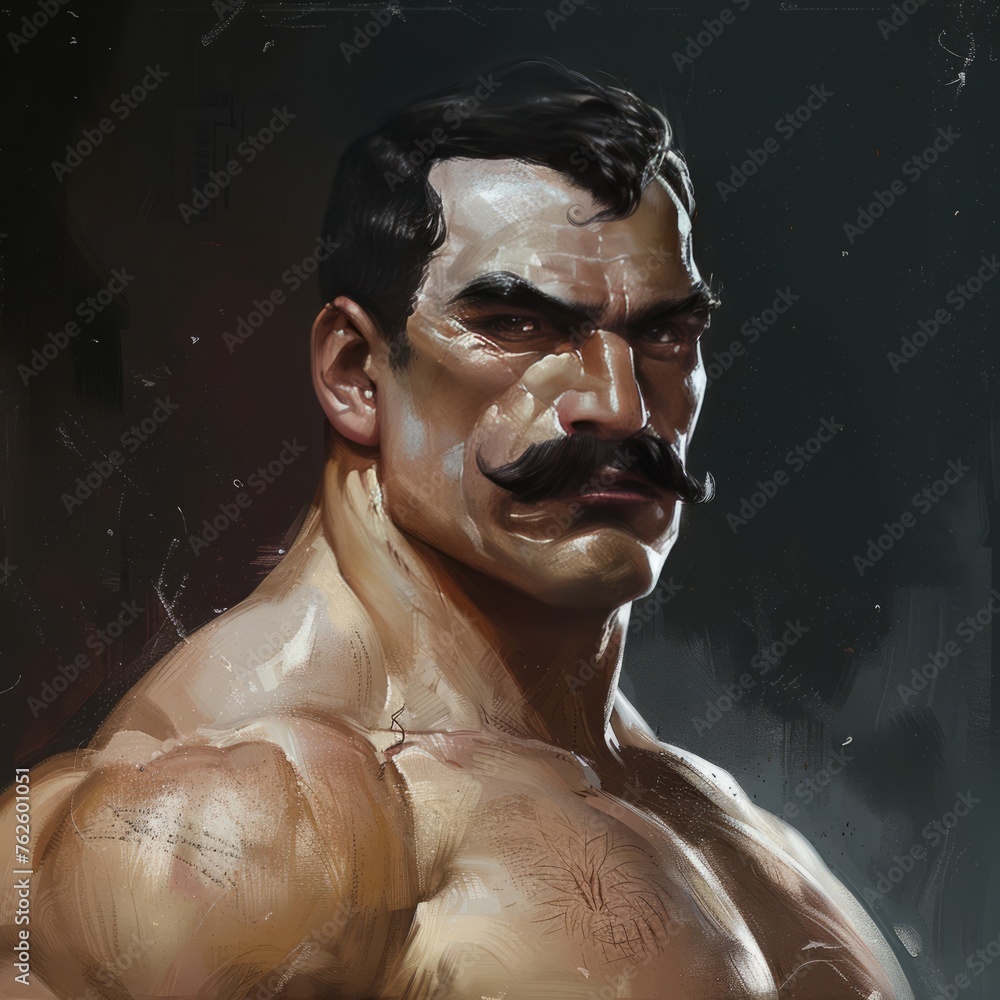 brutal muscular man with a mustache.
